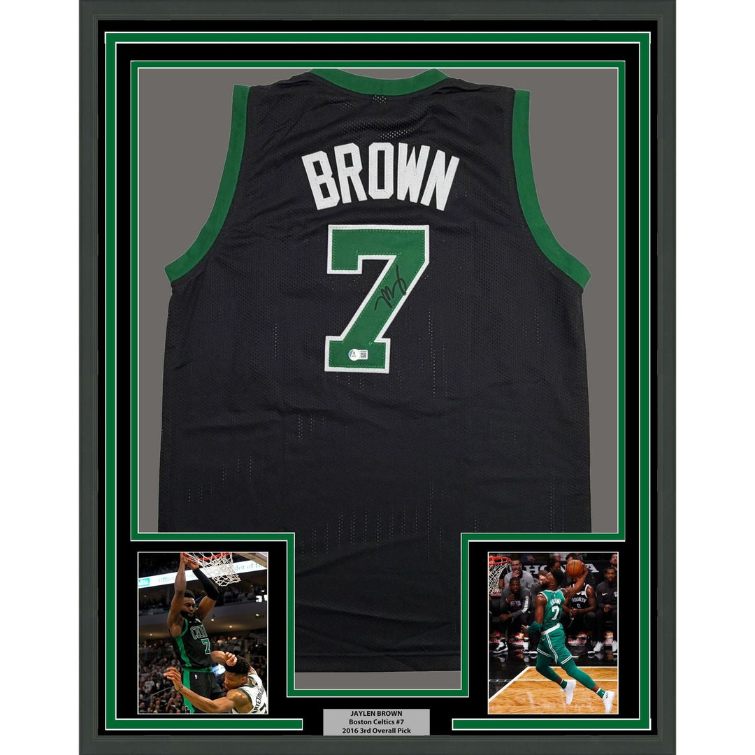 Framed Autographed/Signed Jaylen Brown 35x39 Boston Black Jersey BAS COA