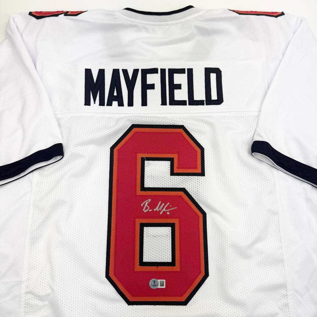 Autographed/Signed Baker Mayfield Tampa Bay White Jersey Beckett COA