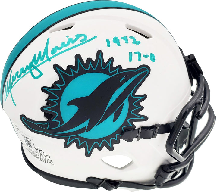 Mercury Morris Auto Dolphins Lunar Eclipse White Mini Helmet 1972 17-0 Beckett