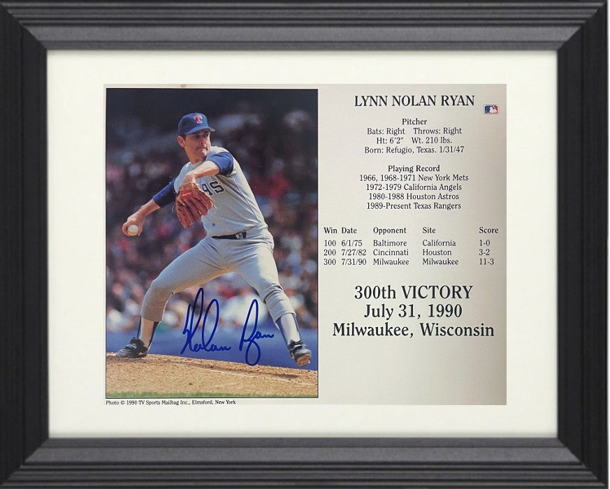 Nolan Ryan signed Rangers 300th Victory 8x10 Stat Card/Photo spot Framed- COA