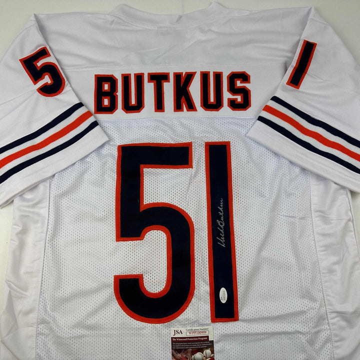 Autographed/Signed DICK BUTKUS Chicago White Football Jersey JSA COA Auto