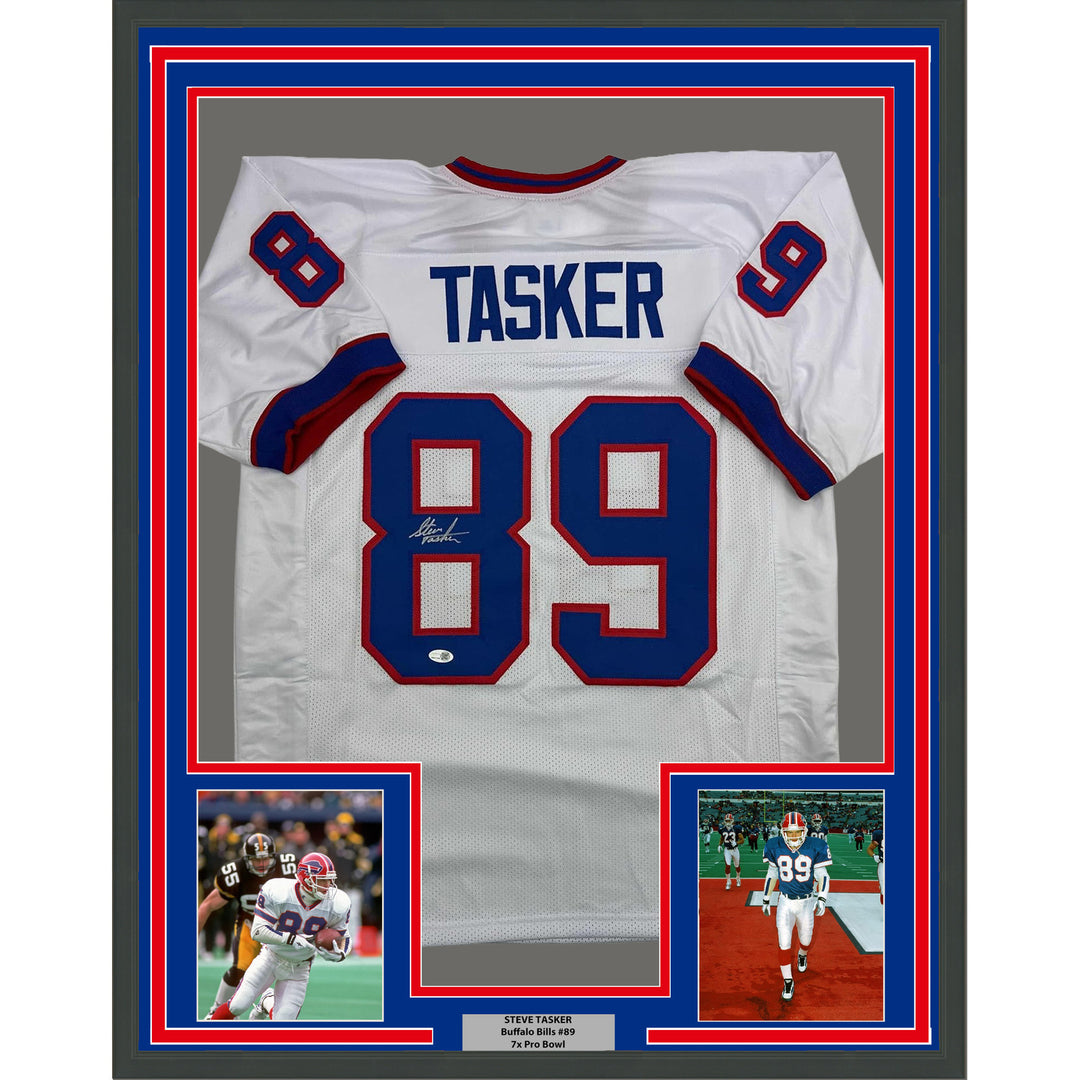 Framed Autographed/Signed Steve Tasker 35x39 Buffalo White Jersey JSA COA