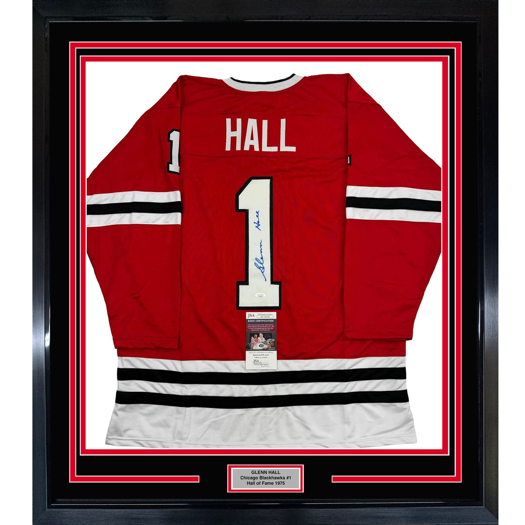 Framed Autographed/Signed Glenn Hall 35x39 Chicago Red Hockey Jersey JSA COA