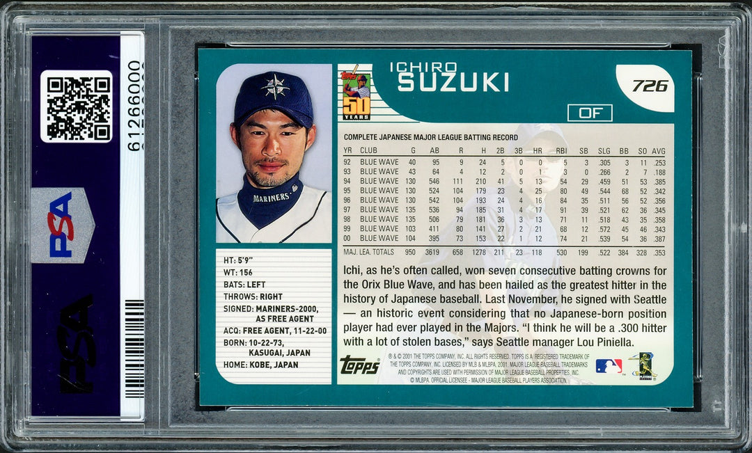 Ichiro Suzuki Signed 2001 Topps RC 726 Seattle Mariners PSA 9 PSA/DNA
