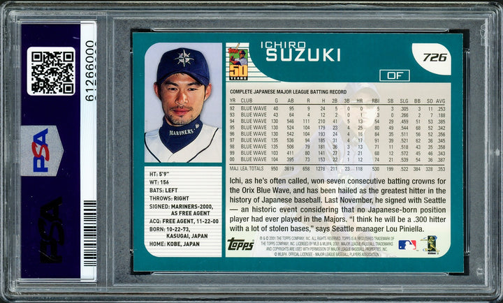 Ichiro Suzuki Signed 2001 Topps RC 726 Seattle Mariners PSA 9 PSA/DNA