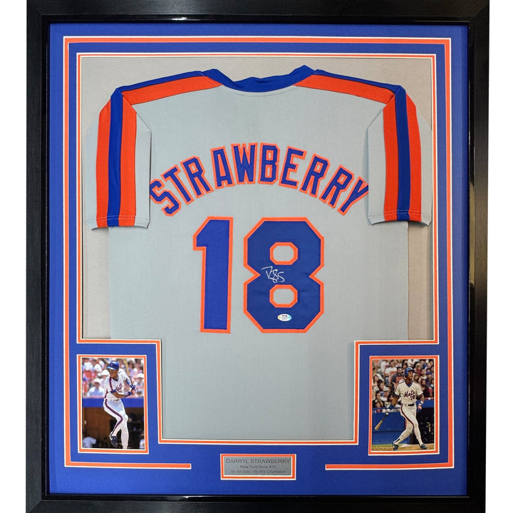 Framed Signed Darryl Strawberry 35x39 New York Grey Jersey PSA COA