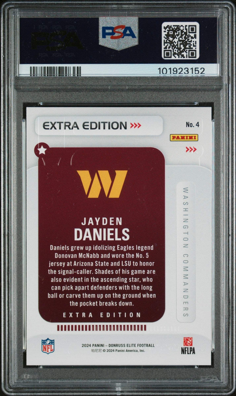 Graded 2024 Donruss Elite Jayden Daniels #4 Extra Edition Football Card PSA 10