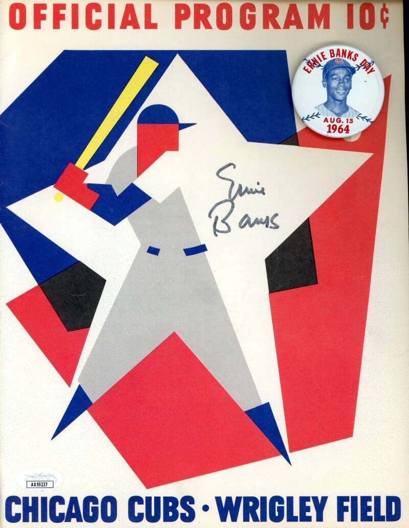 Ernie Banks Day JSA Signed 1964 Chicago Cubs Program vs Pirates W/ Pin Autograph