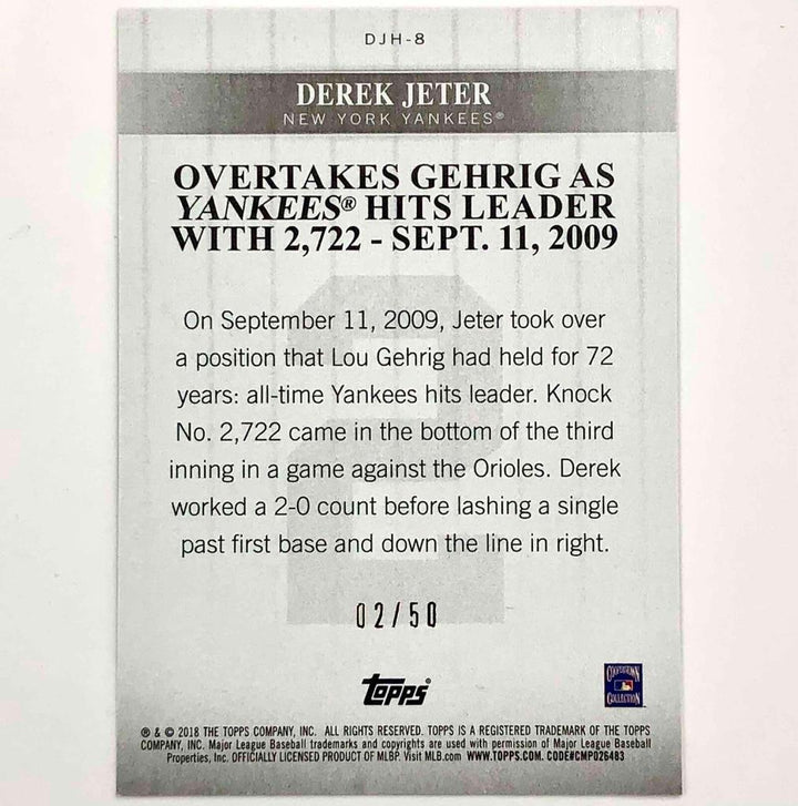 2018 Topps Derek Jeter Career Highlights DJH-8 Gold #2/50 = Jersey #2 ~ 1/1