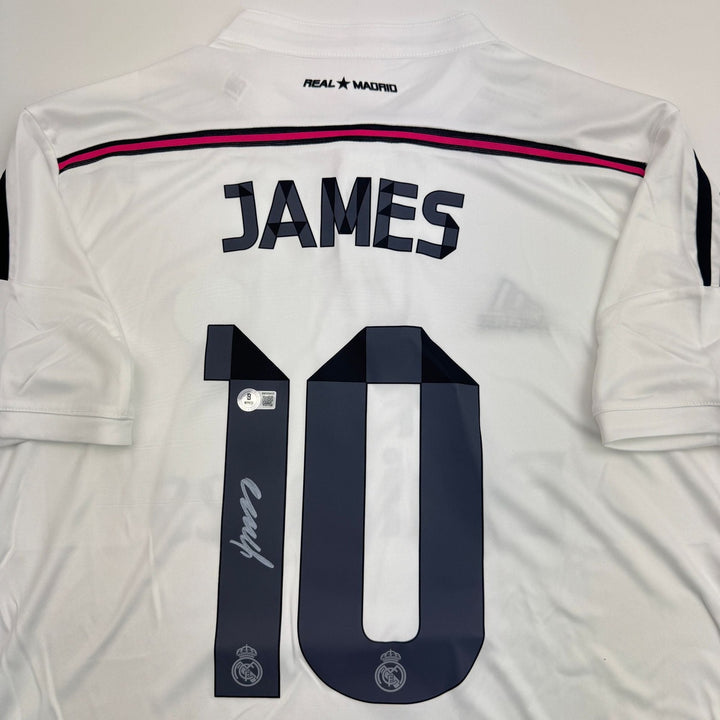 Autographed/Signed James Rodriguez Real Madrid White Soccer Jersey BAS COA