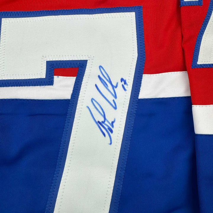 Framed Autographed/Signed John LeClair 35x39 Montreal Red Jersey JSA COA