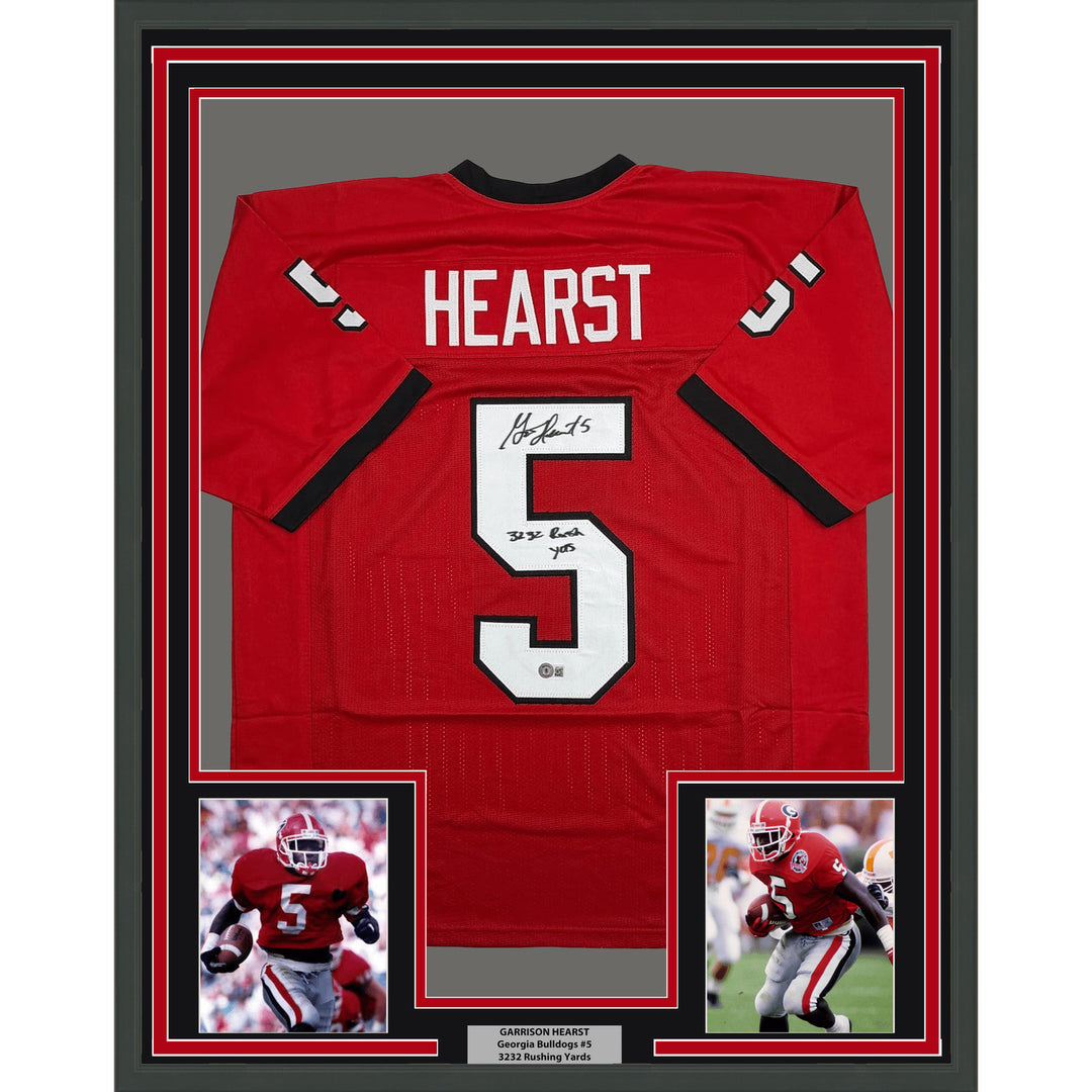 Framed Autographed Garrison Hearst 35x39 3232 Yards Georgia Red Jersey COA
