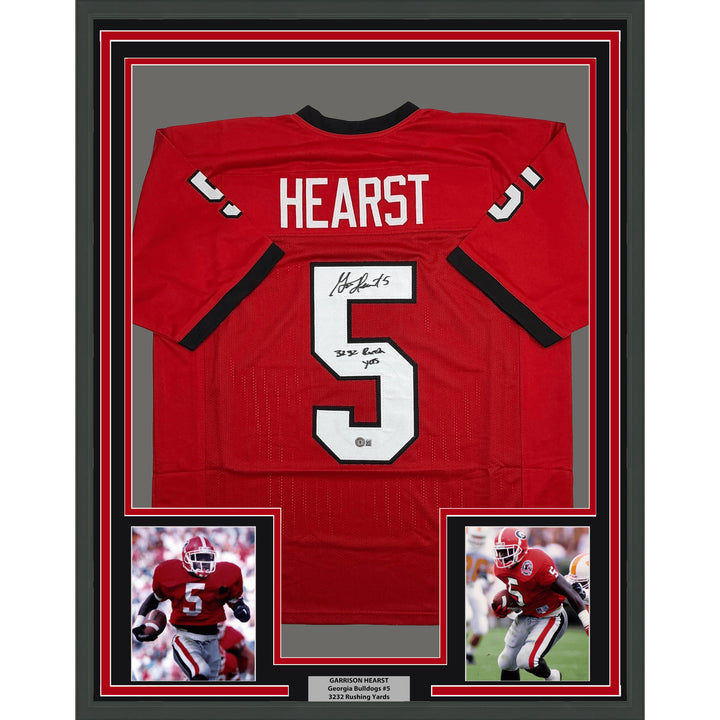 Framed Autographed Garrison Hearst 35x39 3232 Yards Georgia Red Jersey COA