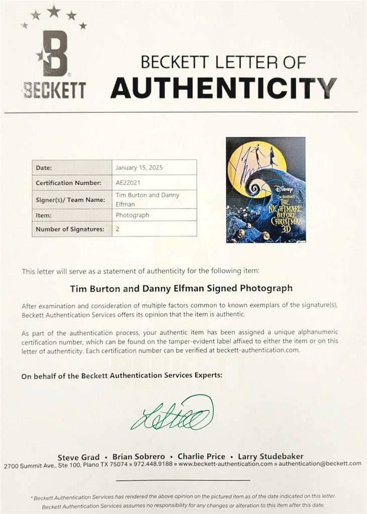 Tim Burton & Danny Elfman signed Nightmare Before Xmas 11x14 photo ~ Beckett BAS