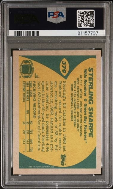 Graded 1989 Topps Sterling Sharpe #379 Rookie RC Card PSA 10 Gem Mint