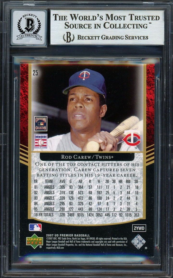 Rod Carew Signed 2007 Upper Deck Premier Card 25 Twins Auto 10 #2/99 Beckett