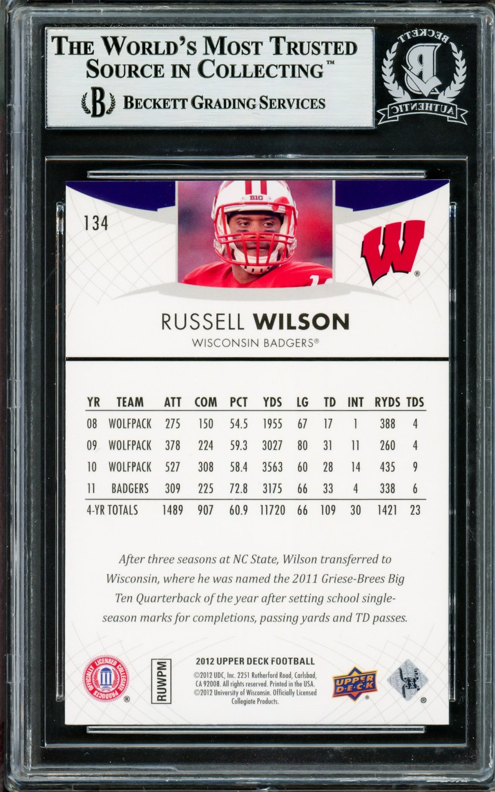 Russell Wilson Signed 2012 Upper Deck RC 134 Seattle Seahawks Beckett