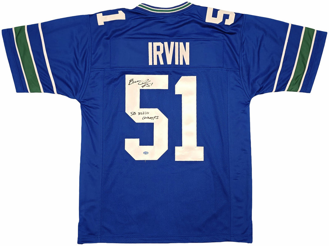 Seahawks Bruce Irvin Signed Blue Throwback Jersey "SB XLVIII Champs" MCS Holo