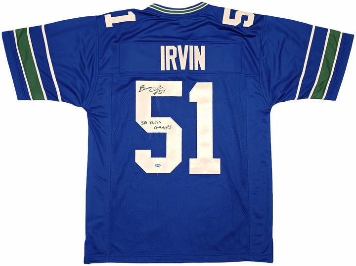 Seahawks Bruce Irvin Signed Blue Throwback Jersey "SB XLVIII Champs" MCS Holo