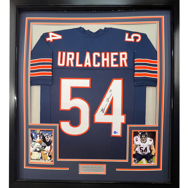 Framed Autographed/Signed Brian Urlacher 33x42 Chicago Blue Jersey Beckett COA