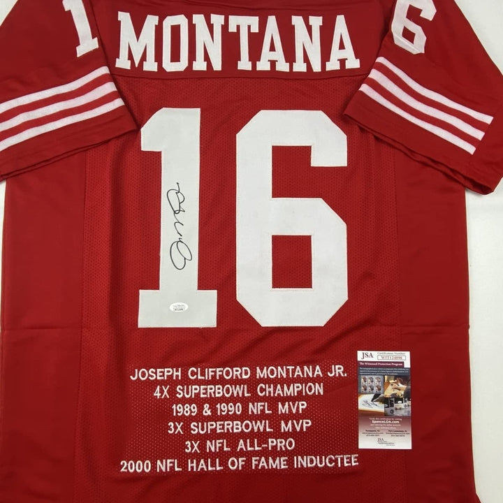 Autographed/Signed Joe Montana San Francisco Red Stat Jersey JSA COA