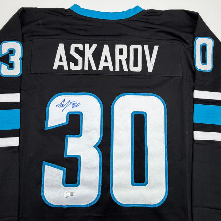 Autographed/Signed Yaroslav Askarov San Jose Black Hockey Jersey Beckett BAS COA