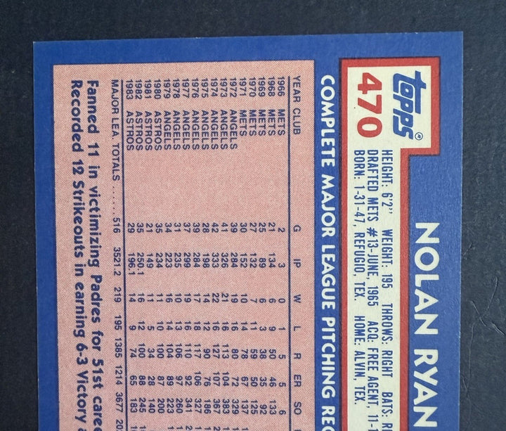 1984 topps tiffany #470 nolan ryan glossy SP card Nm - Mint Centered Rare