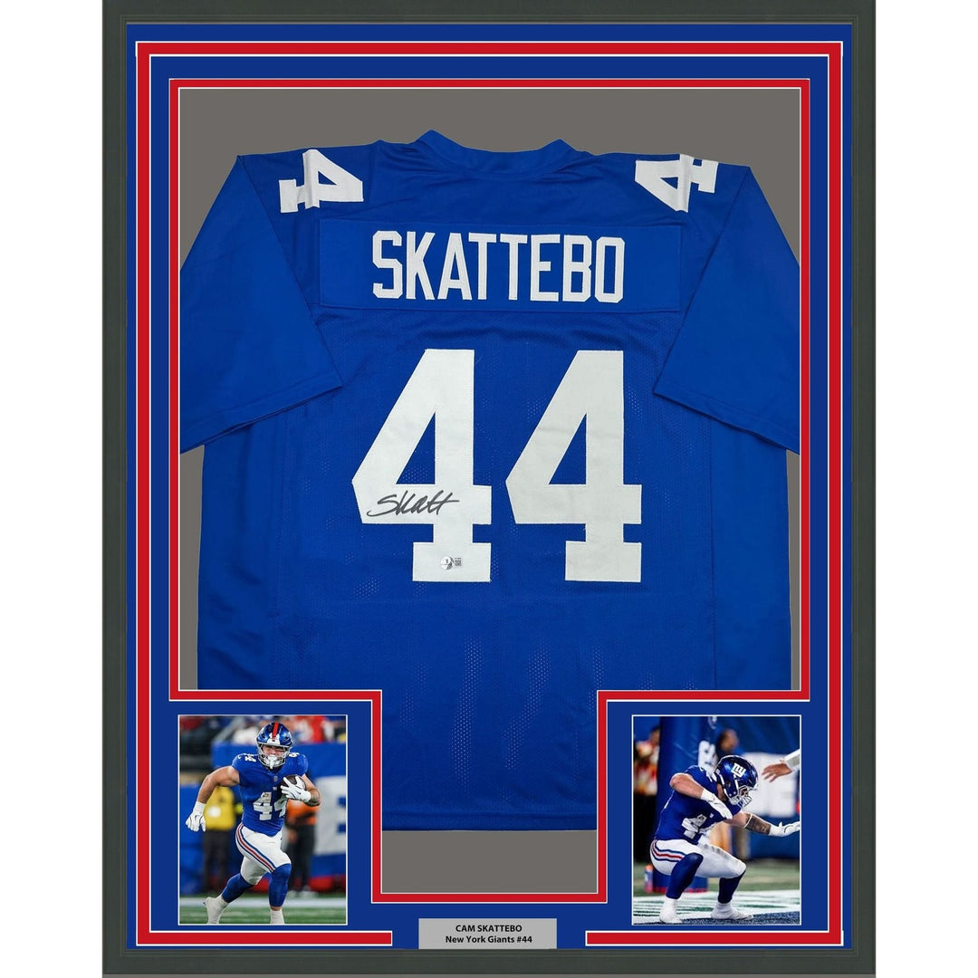 Framed Autographed/Signed Cam Skattebo 35x39 New York Blue Jersey BAS COA