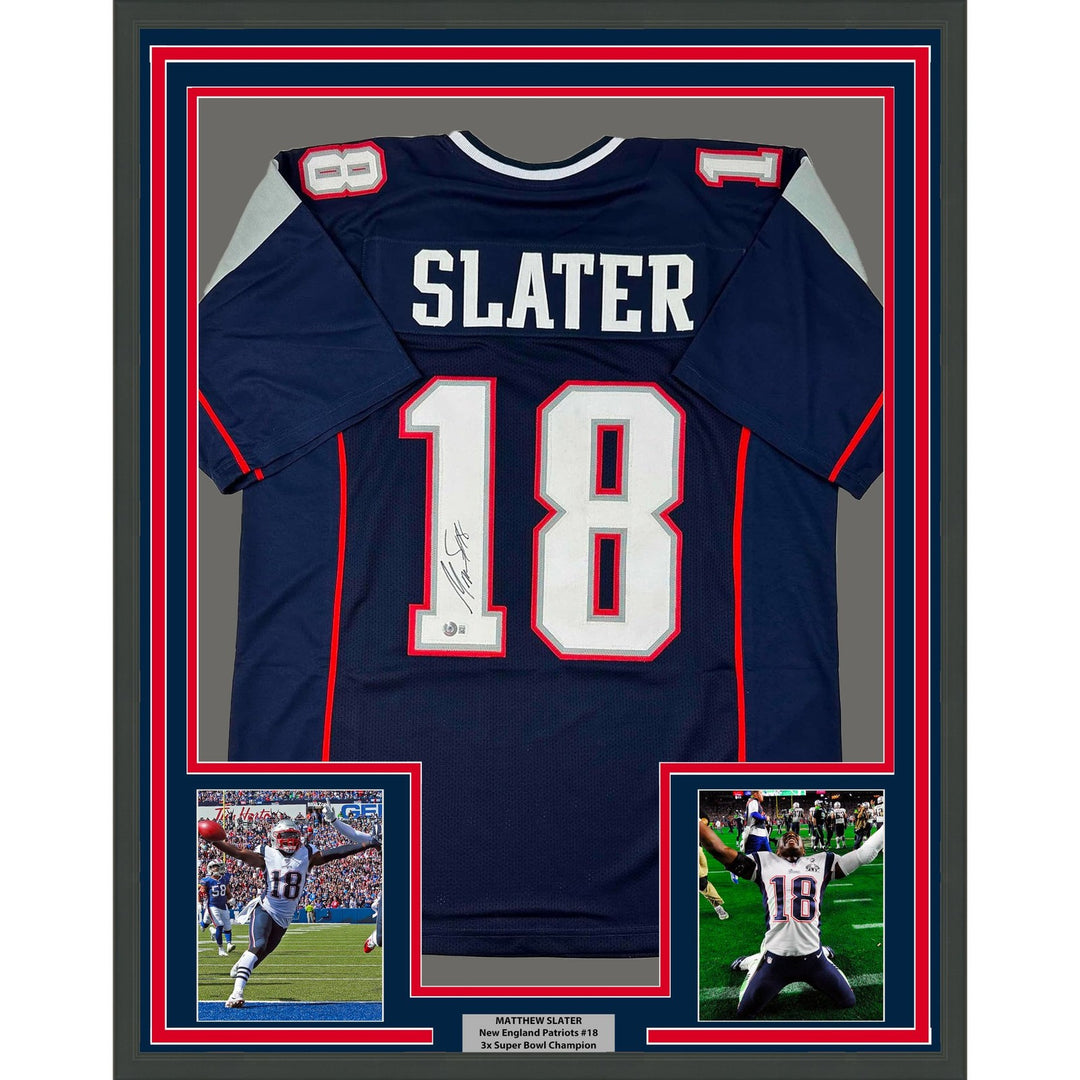 Framed Autographed/Signed Matthew Slater 33x42 New England Blue Jersey COA