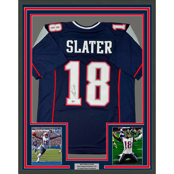 Framed Autographed/Signed Matthew Slater 33x42 New England Blue Jersey COA
