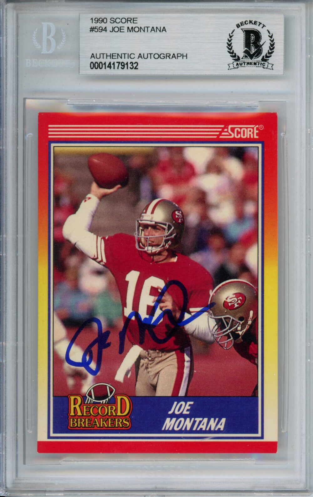 Joe Montana Autographed 1990 Score #594 Trading Card Beckett Slab 37568