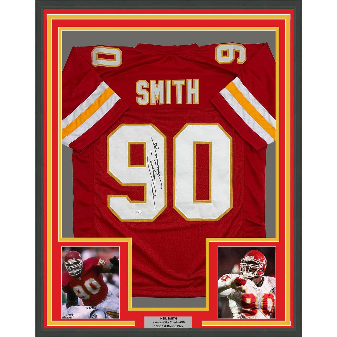 Framed Autographed/Signed Neil Smith 35x39 Kansas City Red Jersey JSA COA