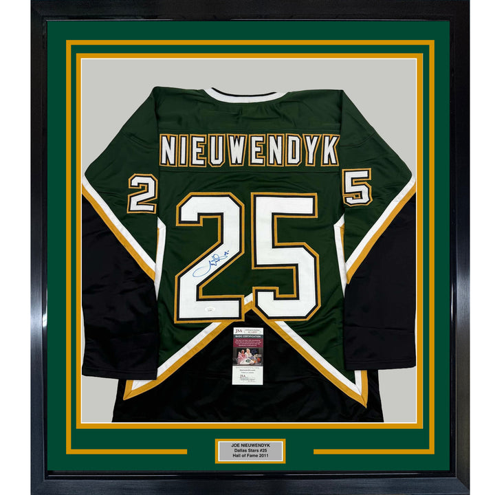 Framed Autographed/Signed Joe Nieuwendyk 35x39 Dallas Green Jersey JSA COA