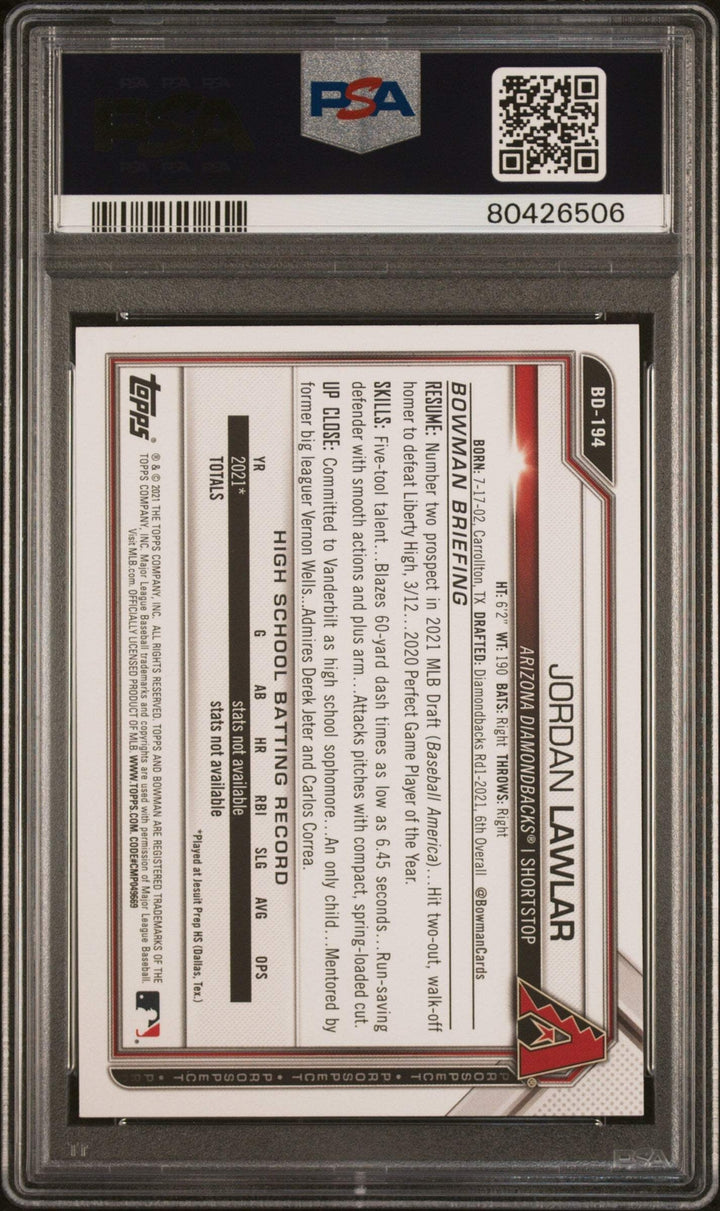 Graded 2021 Topps Bowman Draft Jordan Lawler #BD194 Rookie Baseball Card PSA 10
