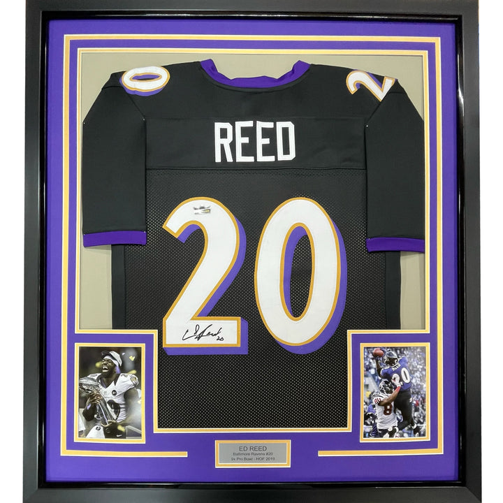 Framed Facsimile Autographed Ed Reed 33x42 Baltimore Black Reprint Laser Jersey