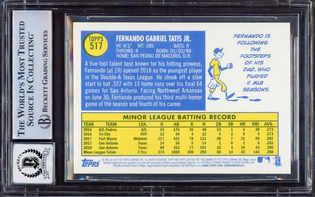 Fernando Tatis Jr. Auto 2019 Topps Heritage RC 517 Padres BGS 9 Auto 10 Beckett