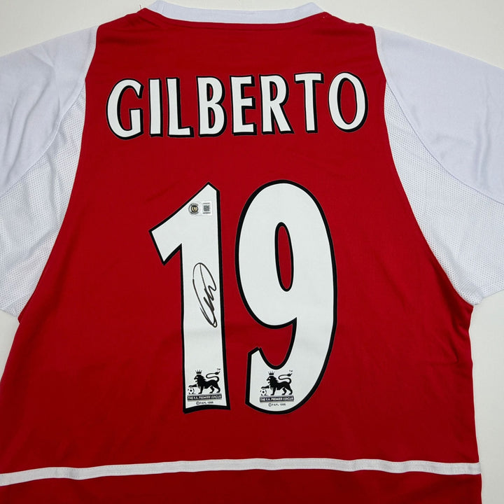 Autographed/Signed Gilberto Silva Arsenal Red Soccer Jersey Beckett BAS COA