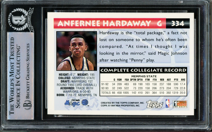 Anfernee Hardaway Autographed Signed 1993-94 Topps RC 334 Orlando Magic Beckett