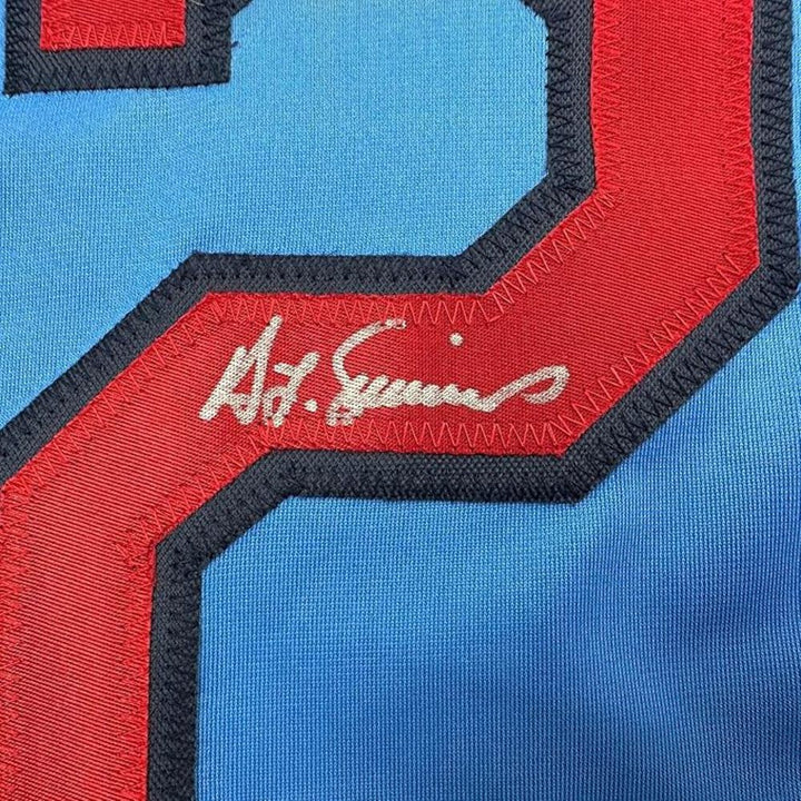 Framed Autographed/Signed Ted Simmons 35x39 St. Louis Blue Jersey JSA COA