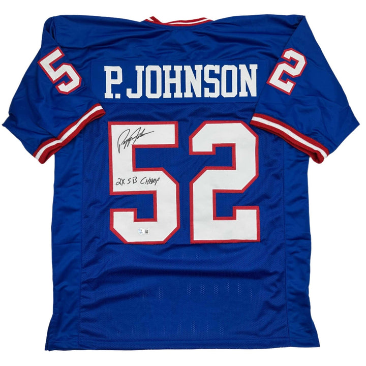 Autographed/Signed Pepper Johnson 2x Champ New York Blue Jersey Beckett COA