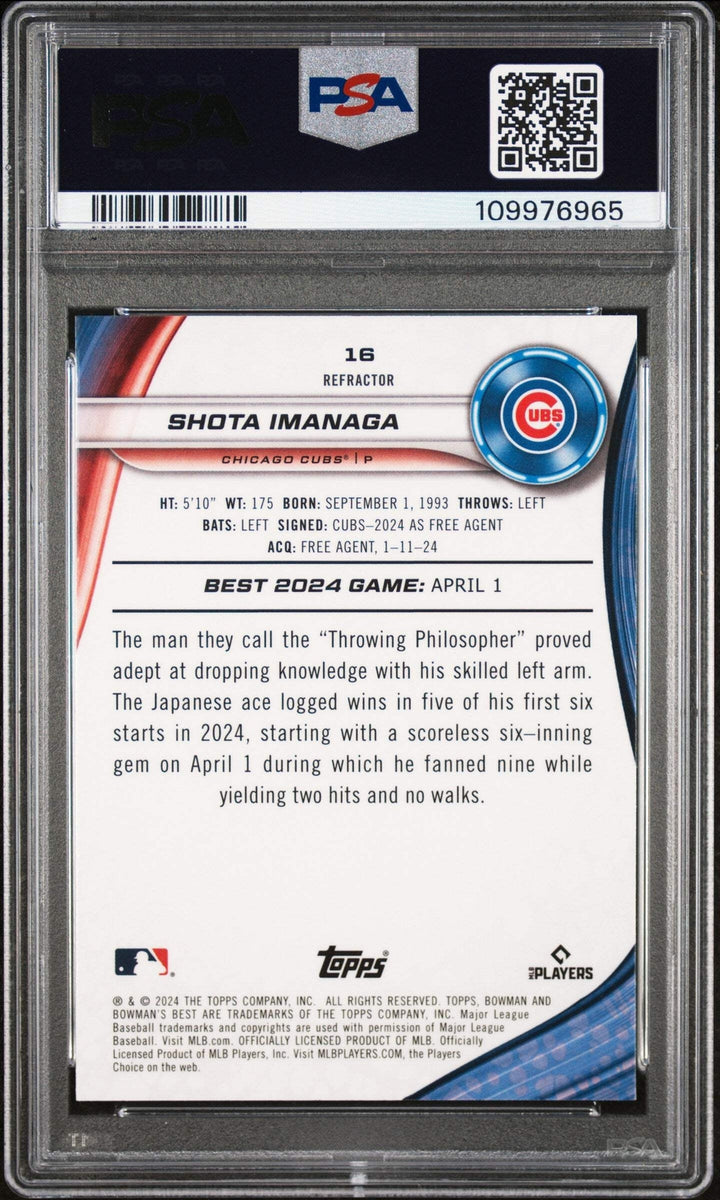 Graded 2024 Topps Bowmans Best Shota Imanaga #16 Refractor Baseball Card PSA 10