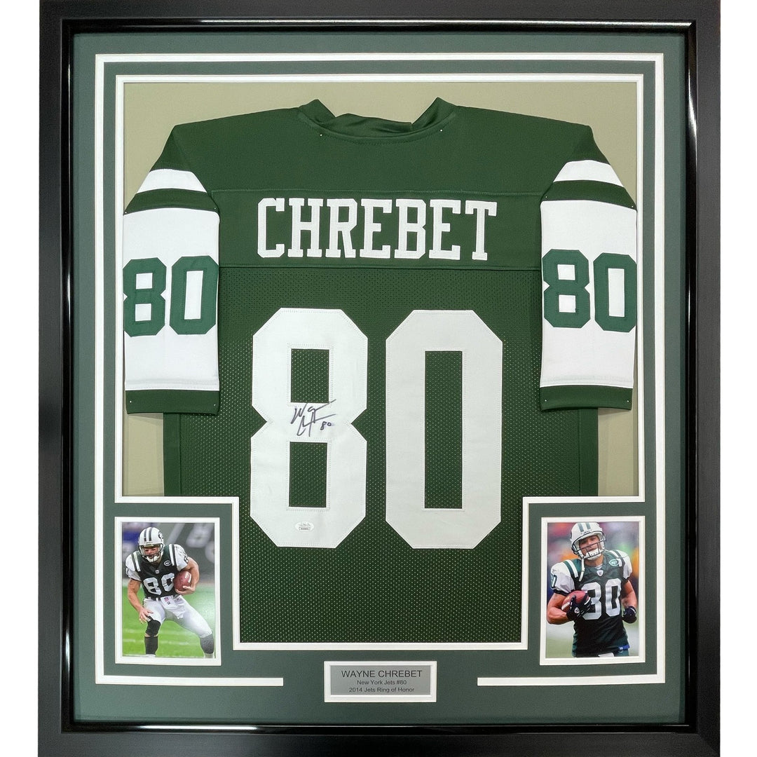 Framed Autographed/Signed Wayne Chrebet 35x39 New York Green Jersey JSA COA