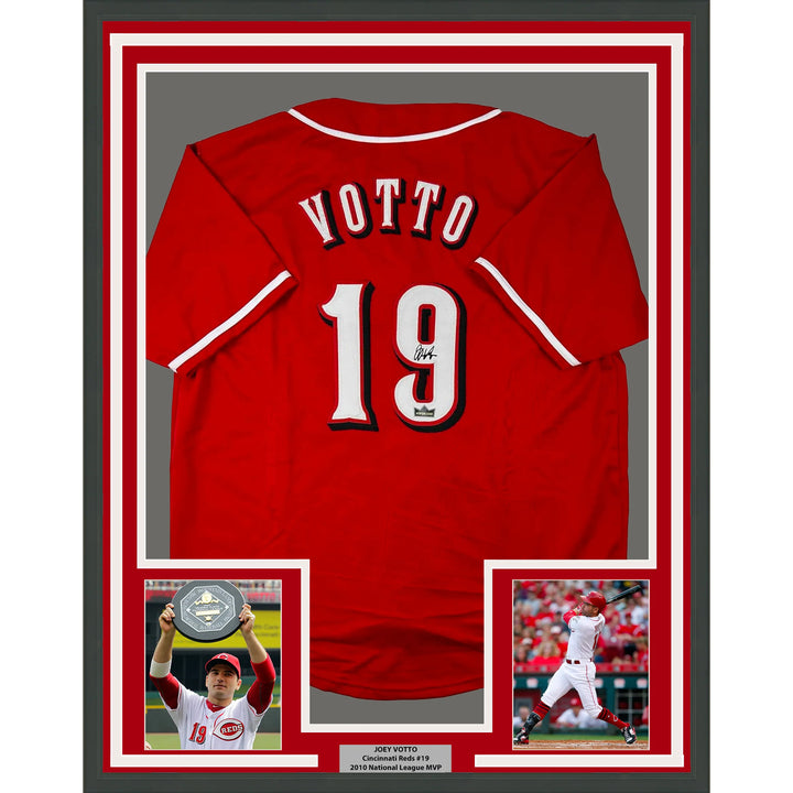 Framed Facsimile Autographed Joey Votto 33x42 Red Reprint Laser Auto Jersey