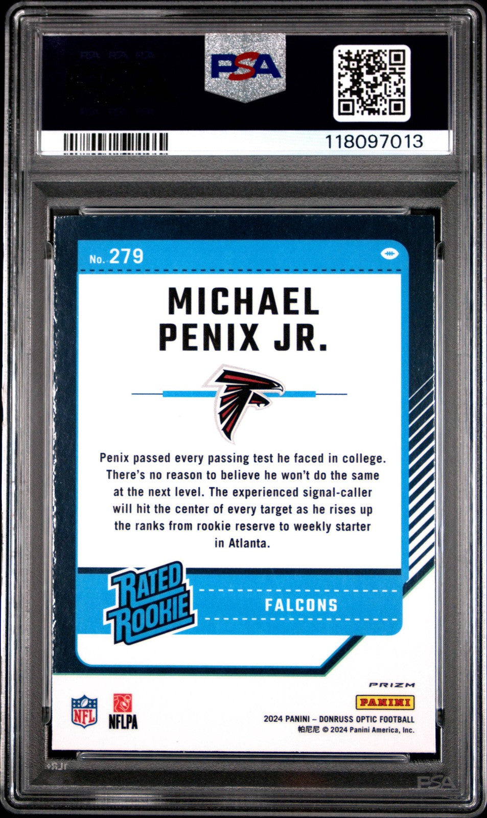 Graded 2024 Donruss Optic Michael Penix Jr #279 Purple RC Football Card PSA 10