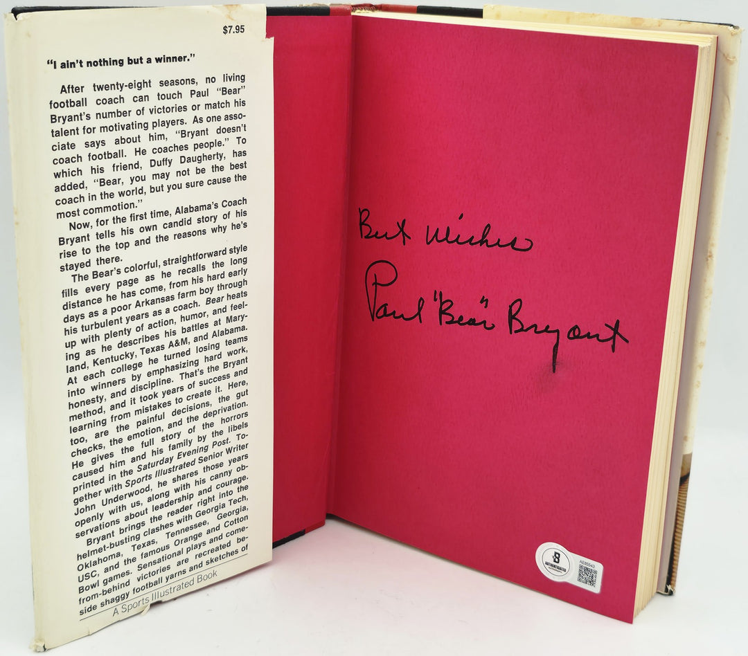 Paul Bear Bryant Signed Book Alabama Crimson Tide "Best Wishes" Beckett