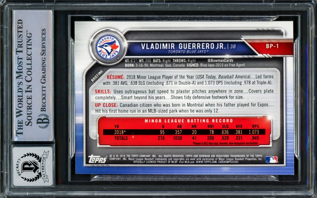 Vladimir Guerrero Jr Auto 2019 Bowman Prospects RC BP1 Blue Jays Auto 10 Beckett