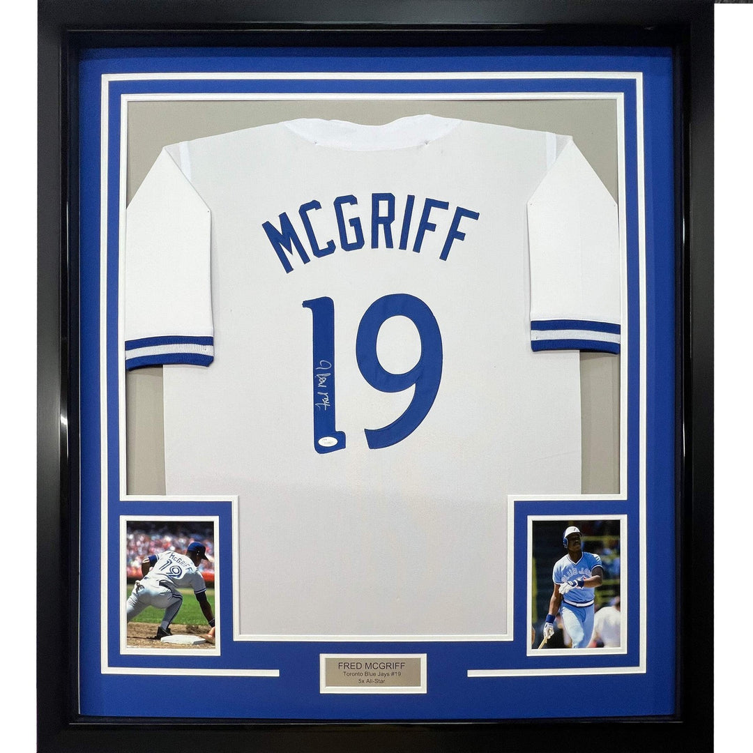 Framed Autographed/Signed Fred McGriff 33x42 Toronto White Jersey JSA COA