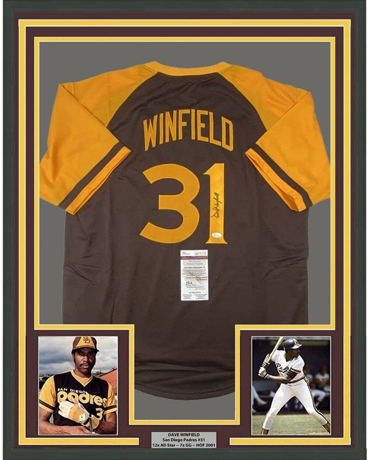 FRAMED Autographed/Signed DAVE WINFIELD 33x42 San Diego Brown Jersey JSA COA