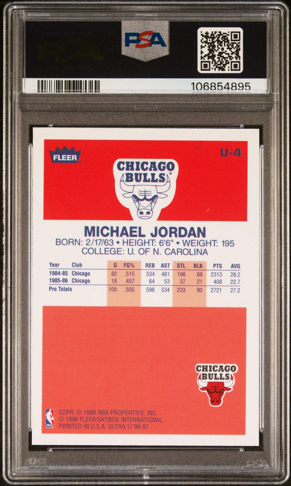 Graded 1996 Ultra Michael Jordan #U4 DOE Rookie Reprint Basketball Card PSA 10