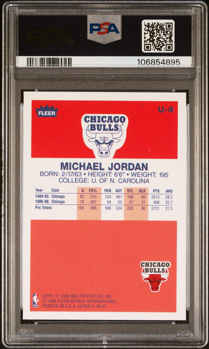 Graded 1996 Ultra Michael Jordan #U4 DOE Rookie Reprint Basketball Card PSA 10